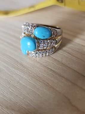Gold-Tone Turquoise Crystal Double Stone Ring - Women Jewelry